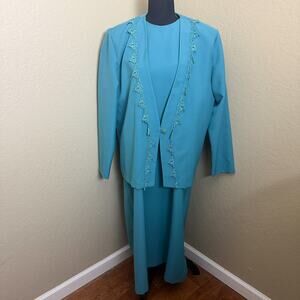 Vintage Nancy II Teal 2 Pc Dress Jacket Suit Lace Trim Size 18 Made in USA